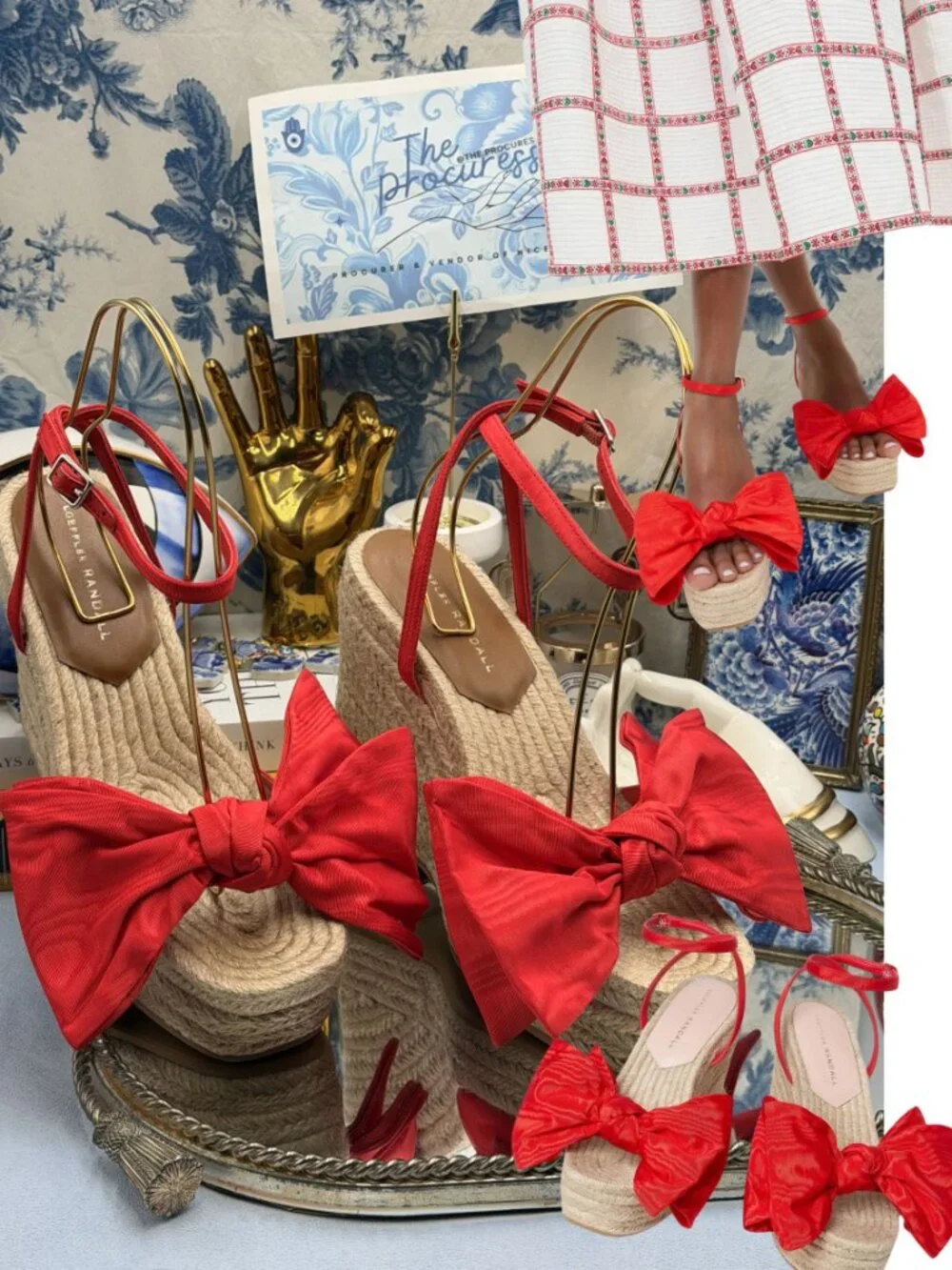 🆕 LOEFFLER RANDALL 🧿 NWOB Angelina Red Moiré Bow Wedge Espadrille, Sz 9